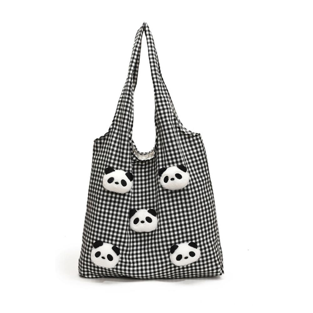 Vacation Canvas Shopping Bag Panda Doll Office Worker Handbag Casual Plaid Shoulder Bags  Outdoor