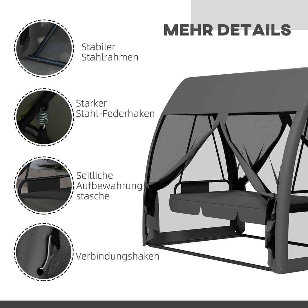 Three-Seater Convertible Swing Chair/Bed, with Curtained Canopy - Grey