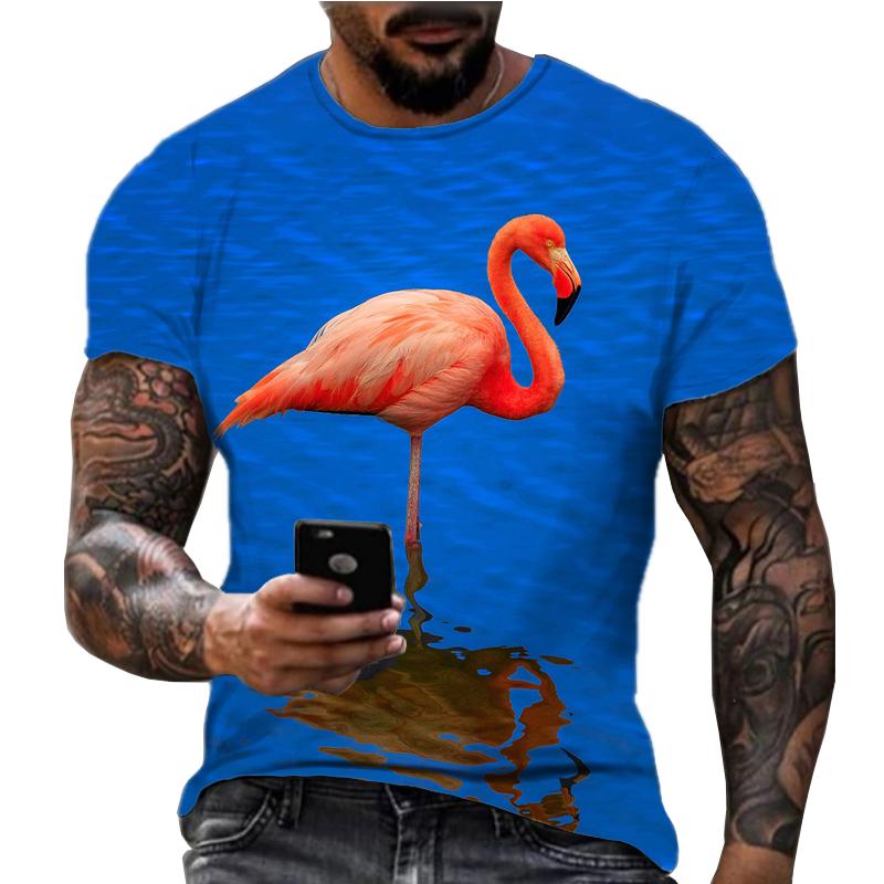 Summer New Flamingo 3D Digital Printed Top Short Sleeve Popular Trend American Fitness Round Neck Loose Men's T-shirt