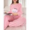 Soft Cloud Embroidery Flannel Pajama Set Women - Cozy Warm Winter Sleepwear With Round Neck Long Sleeve