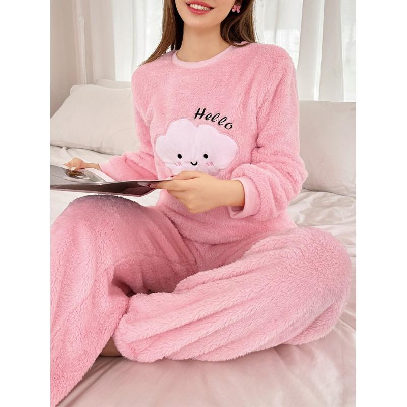 Soft Cloud Embroidery Flannel Pajama Set Women - Cozy Warm Winter Sleepwear With Round Neck Long Sleeve