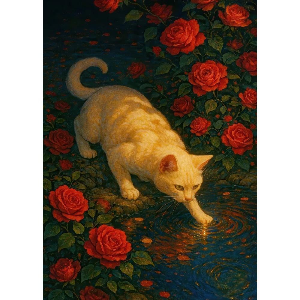 Black Cat Reading in Cozy Bed Orange Cat Cherry Blossom Lotus Landscape Canvas Painting Print Wall Art Picture Room Home Decor
