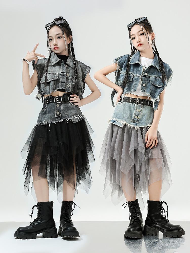 Mädchen Jazz Dance Hip Hop Denim Performance Outfit - Trendiges Kinder Laufsteg Set