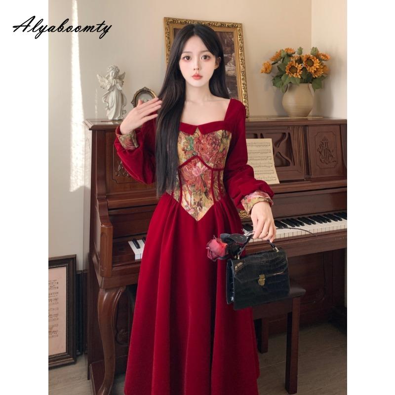 Plus Size Autumn Winter Women Red Velvet Midi Dress Square Collar Jacquard Patchwork Vintage Dress Long Sleeve Elegant Party Dress