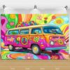 Colorful Peace Love Retro Hippie Bus Dyed Backdrop Kids Birthday Party Decorations Bohemian Style Guitar Floral Photography Prop