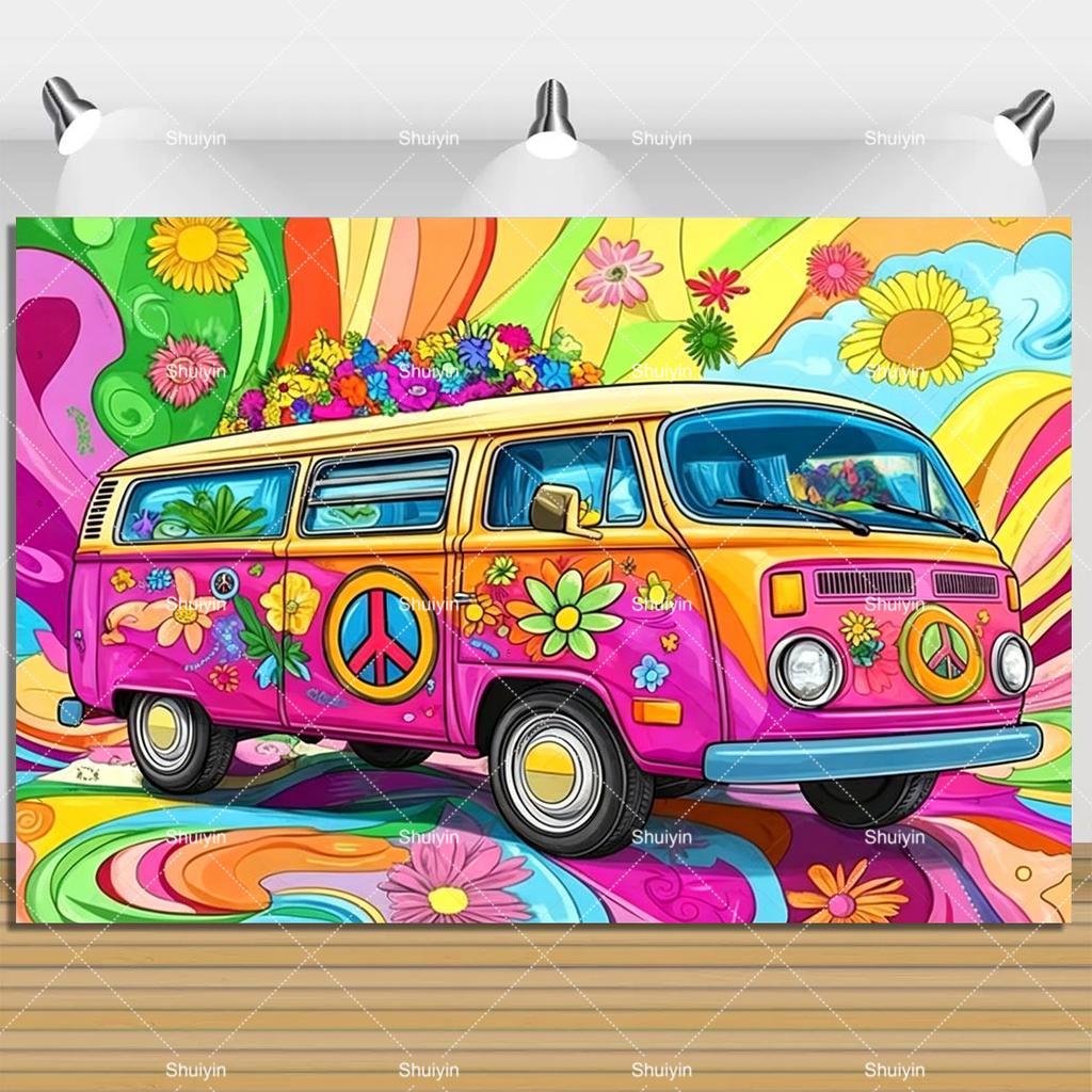 Colorful Peace Love Retro Hippie Bus Dyed Backdrop Kids Birthday Party Decorations Bohemian Style Guitar Floral Photography Prop