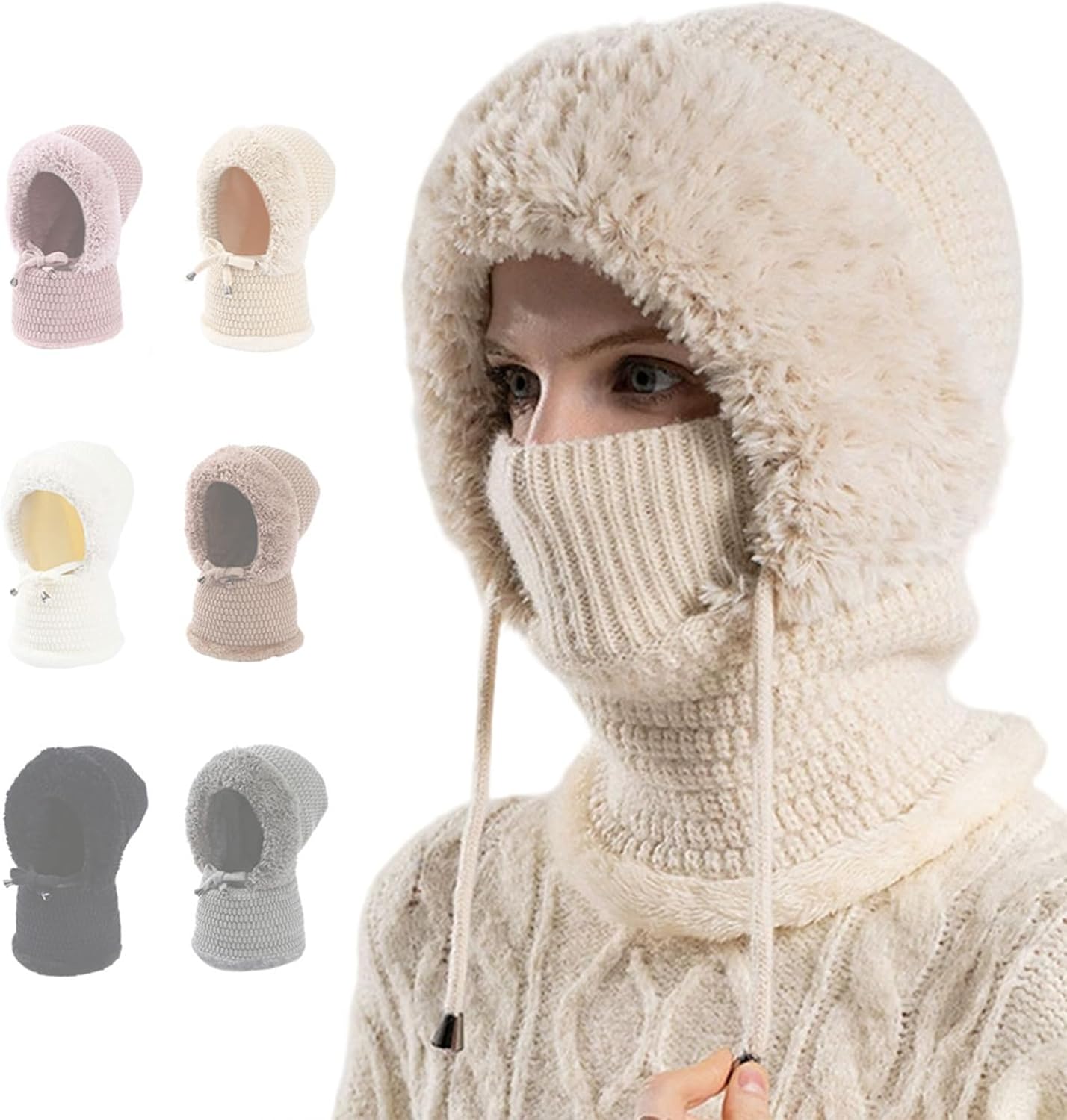 Шапка-бини 3 в 1 с шарфом и маской, женский набор: шапка-бини с флисовой подкладкой, шарф, маска, теплая вязаная, осень-зима