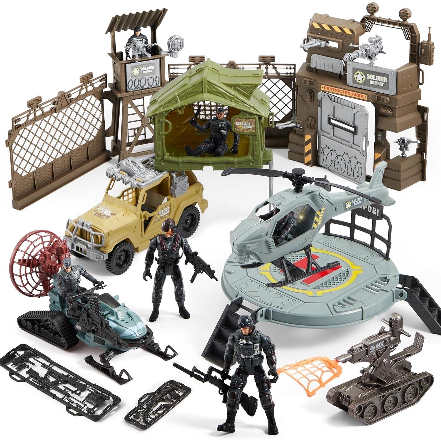 

JOYFY Military Toy Set with Army Base, Vehicles Action Figures Weapon Accessories Helicopter for Kids Christmas Birthday Gift