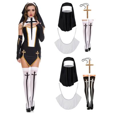 Set di Accessori per Costume da Suora con Cappello da Suora Cattolica, Collana con Ciondolo a Croce, Calze Autoreggenti con Stampa a Croce, Colletto da Suora