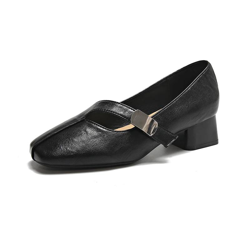 Fashion Women's Chunky Single Shoes Spring New Square Head Shallow Hollow Metal Buckle Soft Sole Non-slip Low-top Shoes