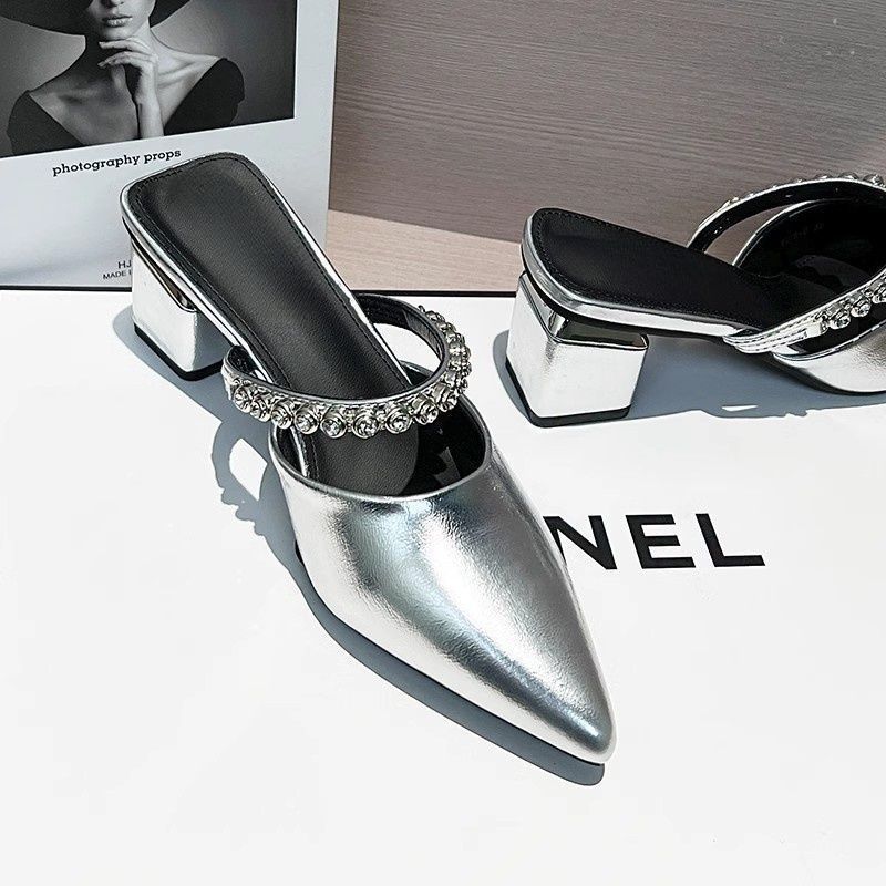 2025 summer wear thick high heels pointed temperament silver bag head half slippers new French high-end cool slippers women