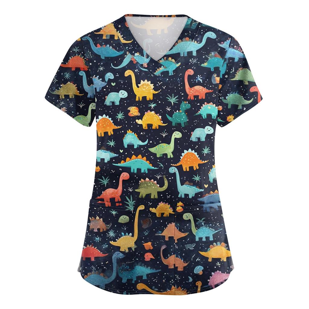 Dámské pracovní oblečení s výstřihem do V a krátkým rukávem s potiskem, s bočními kapsami s rozparky a uniformy