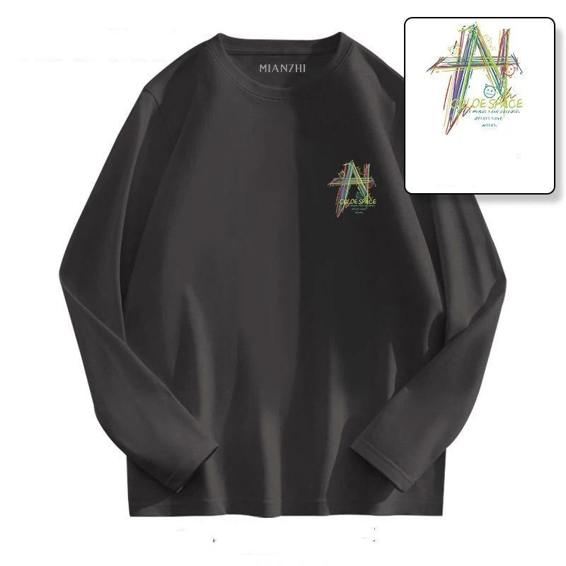 Spring and Autumn Pure Cotton Long-sleeved T-shirts Loose and Versatile Simple Printed Round Neck Tops for Men