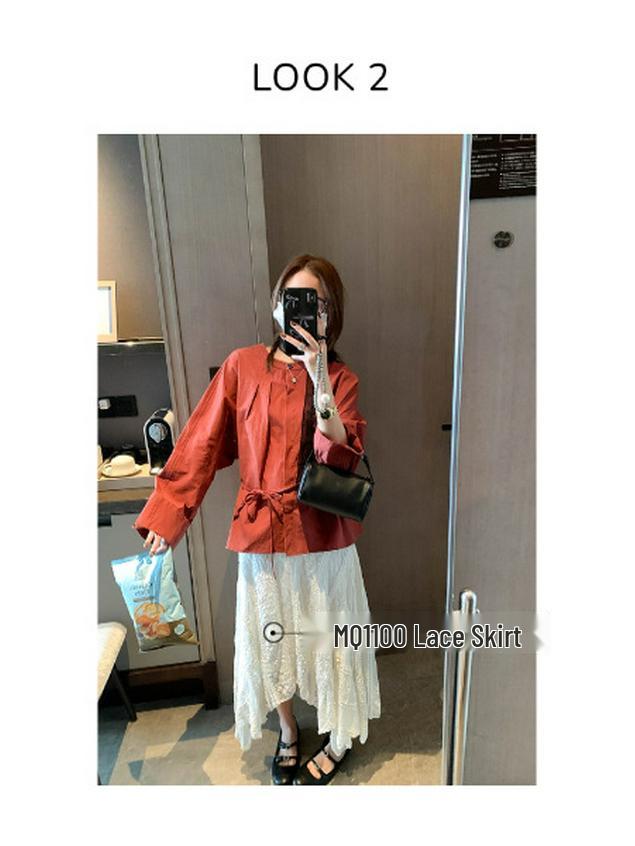 Mochie Early Spring French Pleated Elegant Round Neck Tie-Waist Slimming Shirt MQ1122