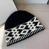 Women Retro Knitted Hat Winter Warm Rhombus Pattern Hat Big Head Sized No Brim Hat for Daily Outings Parties Dating