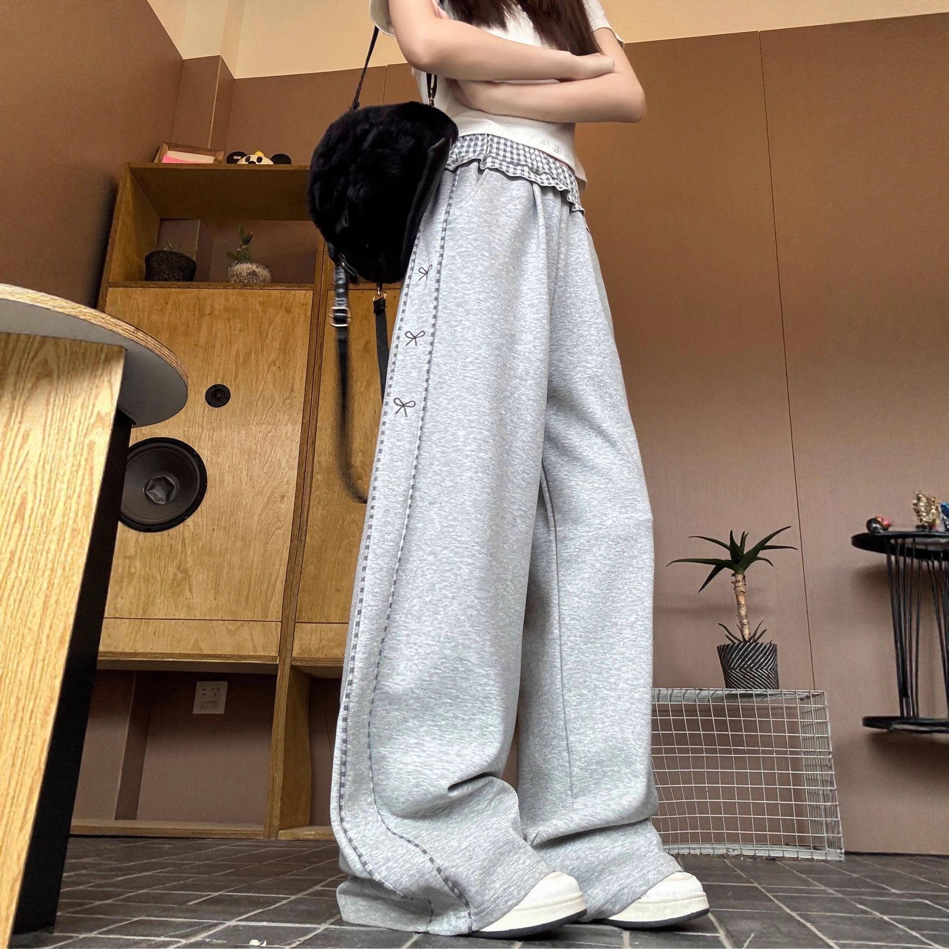 

New 2025 Girls Grey Houndstooth Wide-Leg Sweatpants for Spring & Autumn 130 cm