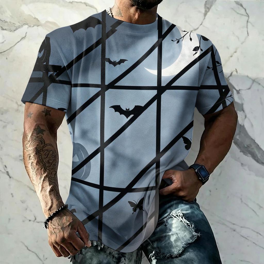 Men's Halloween Vintage Short Sleeve T Shirt Loose Breathable Summer Sports Street Casual Everyday Top with Pumpkin and Bat Print