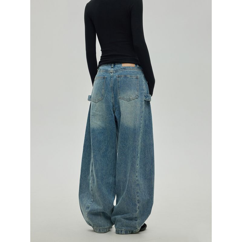 Black of Exit American High Street Style Split-Line Design Jeans Cleanfit Washed Blue Long Pants