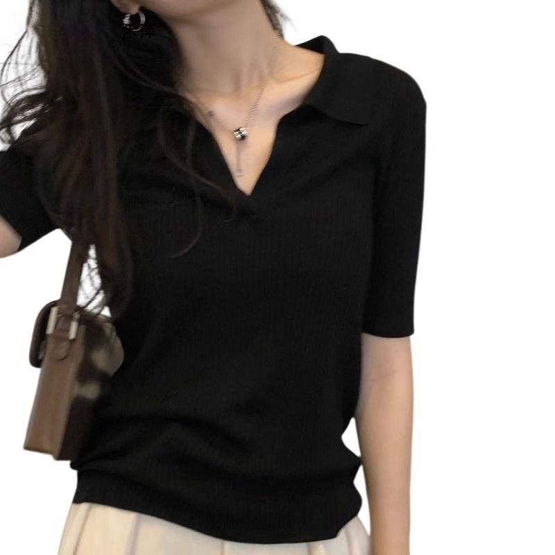 Black Polo Collar Short-Sleeve Regular Shoulder T-Shirt, Summer Slim Fit, Chic Collarbone Short Top for Petite Women, Sexy Black S