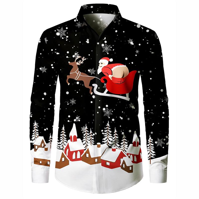 Funny Santa Claus Christmas Holiday Long Sleeve Shirt For Men Clothes Family Party Fun Casual Button Shirts Xmas Fashion