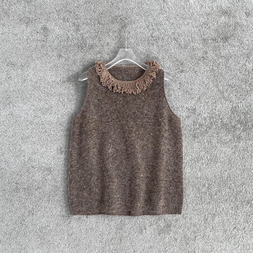 

Осень и зима 2024 Вязаный жилет: 30% мохер, 25% шерсть с кисточками S коричневый/дым