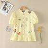 Women Casual Stand Collar Loose Summer Short Sleeve Floral Print Blouse