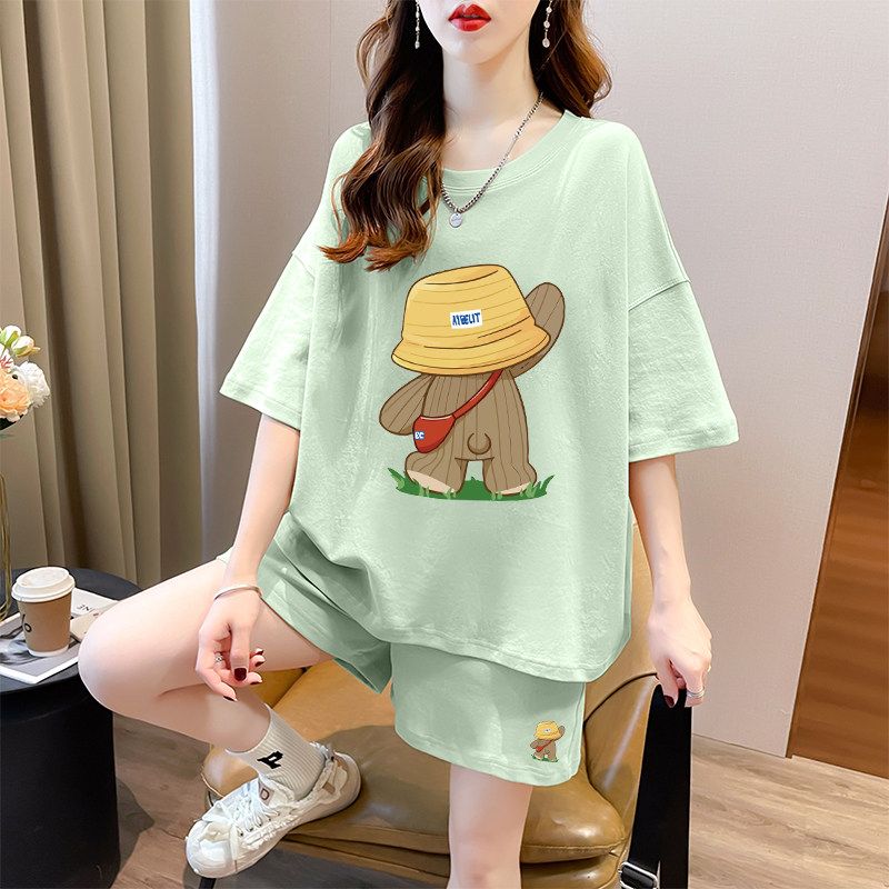 Pure Cotton Short Sleeve Short Pants Suit Women's Summer Plus Size Plus Size Ladies Loose Fashion Casual Sports Style Wear a Set of Fashion