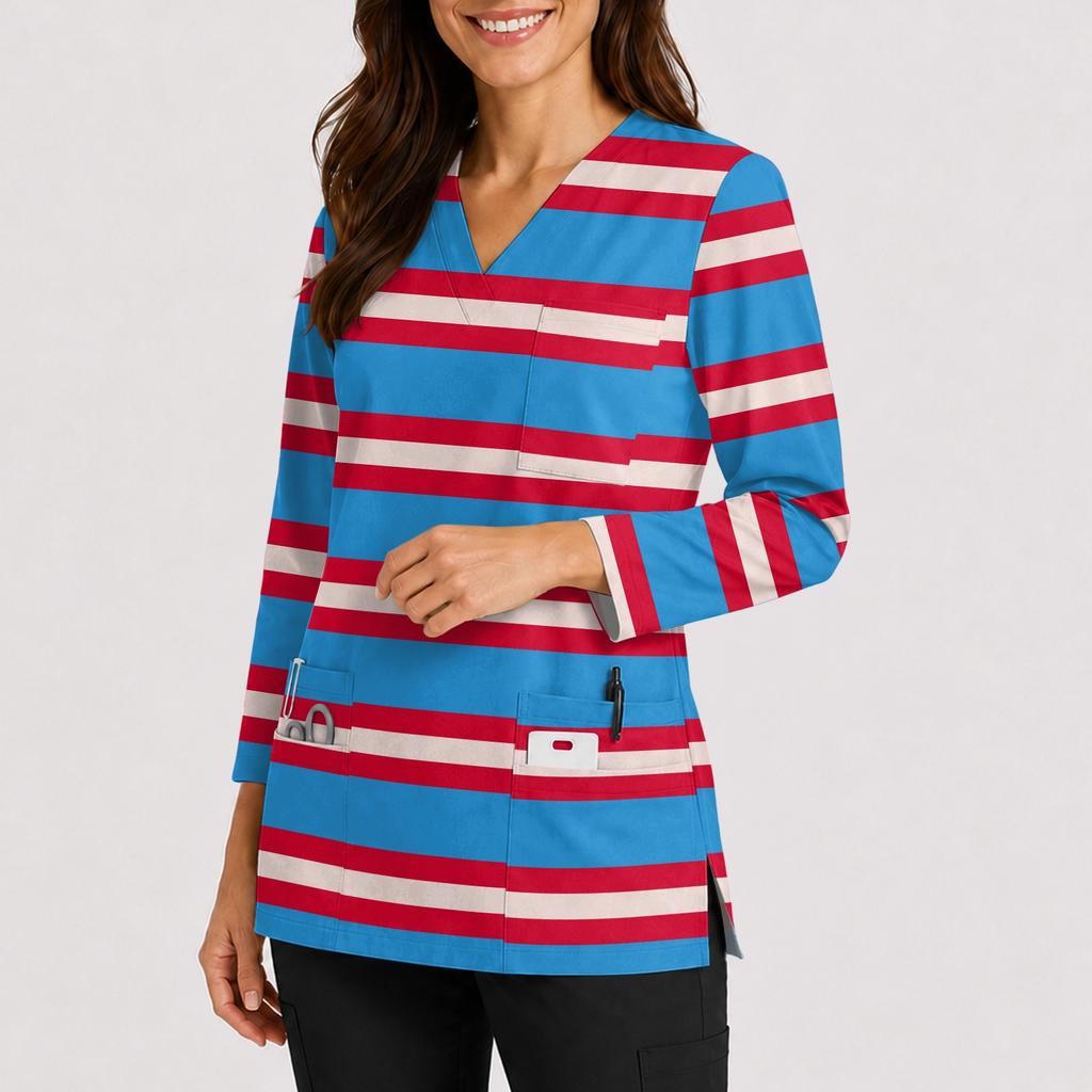 Women's Printed Uniform V Neck Top with Double Pockets and Side Slits 3/4 Sleeve