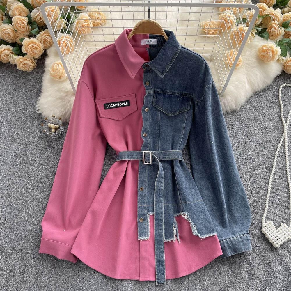 Women's Spring Vintage Denim Dress Autumn Irregular Patchwork Dresses Korean Clothing