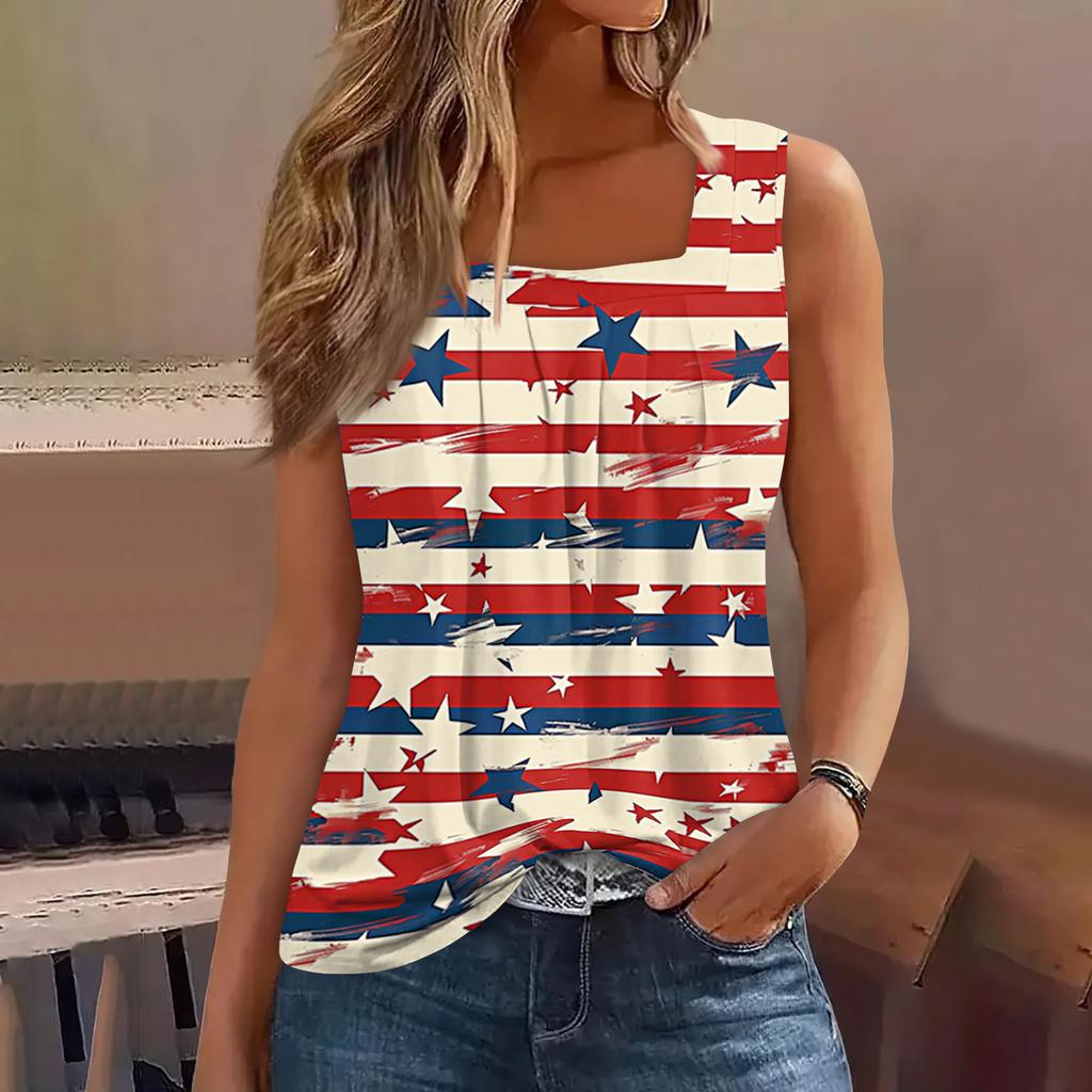 Square Collar Tank Top Women Print Tank Tee Casual Loose Fit Sleeveless Shirt