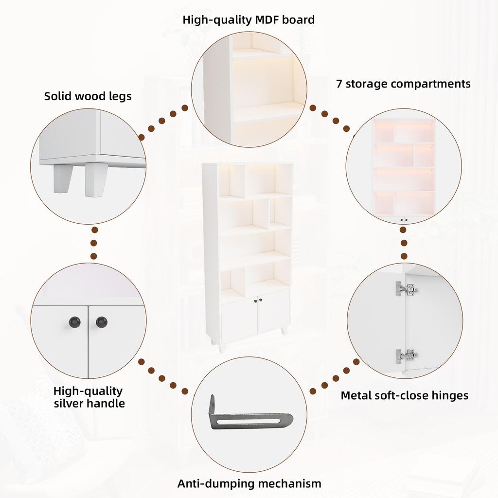 80x30x173cm Bookshelf, Solid Wood Legs, Multiple Storage Compartments, Double Doors, LED Color-Changing Ambient Light, App Control, White