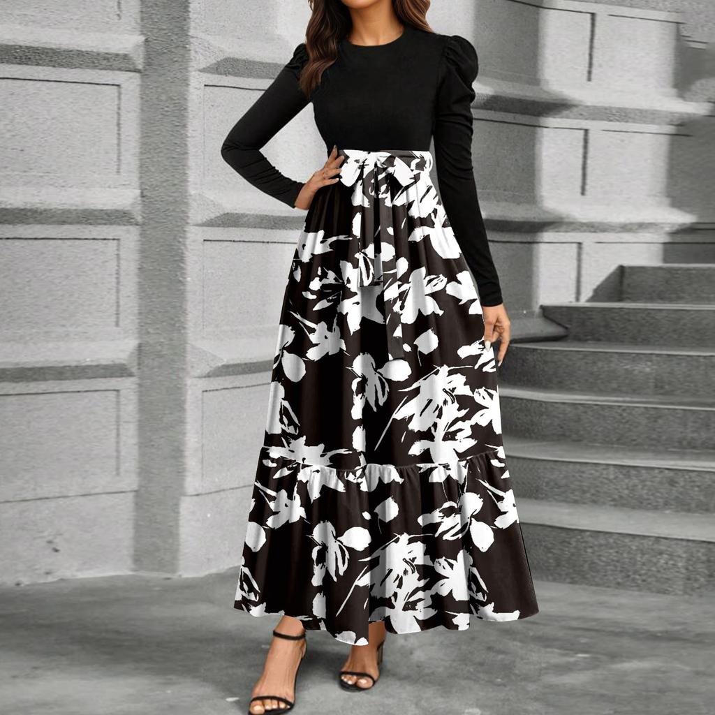 Elegant Long Sleeve Maxi Dress for Women, Floral Print High Waist A-Line Casual Party Dress, Comfortable Fit, Stylish Design