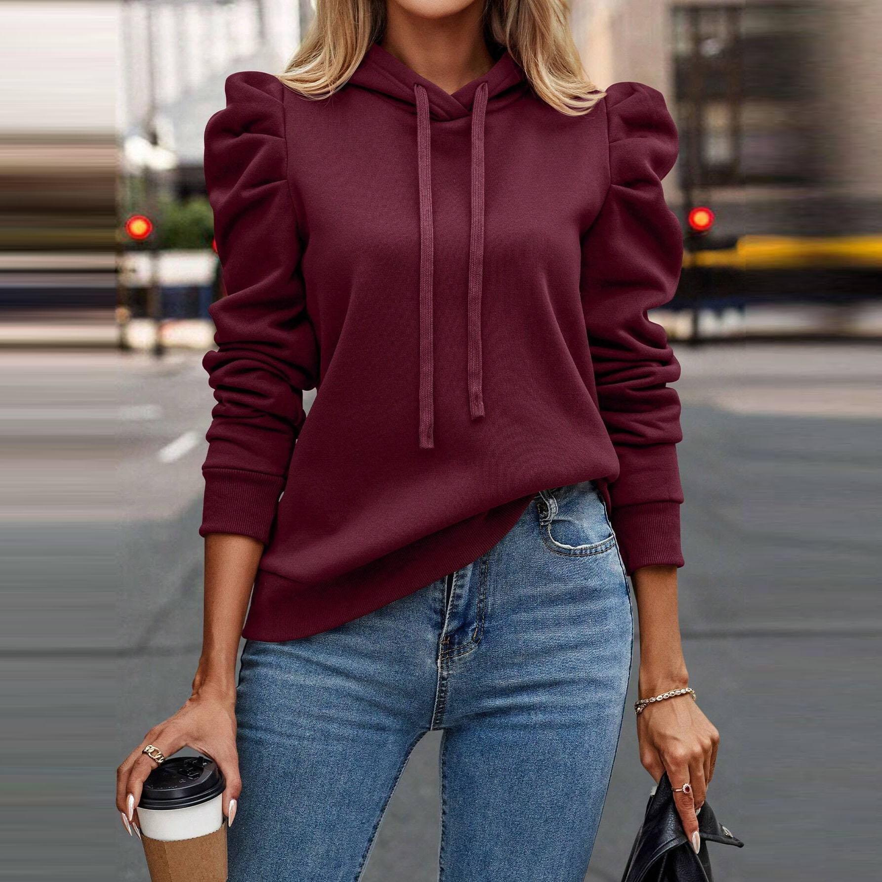 

Женская однотонная повседневная толстовка с капюшоном, осенне-зимняя новинка, худи с длинными рукавами-пузырями, утолщенный теплый пуловер, женские толстовки, верхняя одежда 2XL темно-красного