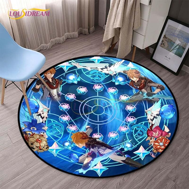 Genshin Impact Runde Teppiche für Schlafzimmer, Cartoon-Teppiche für Wohnzimmer, Kinder, weicher Teppich, rutschfeste Bodenmatte, Heimdekoration, Camping, Picknick