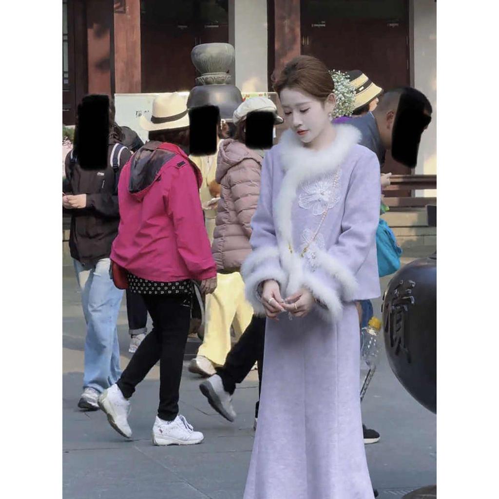 2025 Winter Women's Chic Furry-Trim Chinese Style Jacket & Skirt Set