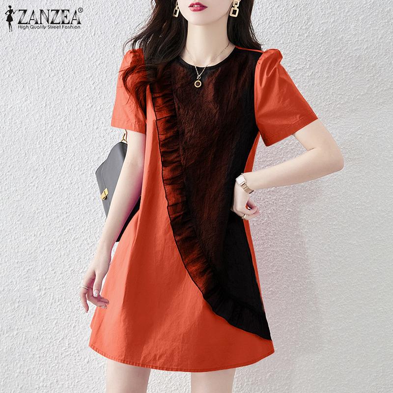 

ZANZEA Женское повседневное летнее платье в стиле пэчворк с коротким рукавом и круглым вырезом