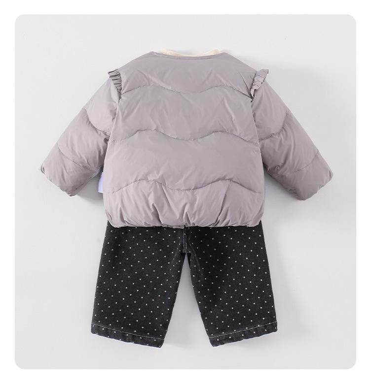 Korean Girls' Lightweight Feather Jacket & Long Sleeve Base Layer with Long Pants - Autumn/Winter Toddler Three-Piece Set