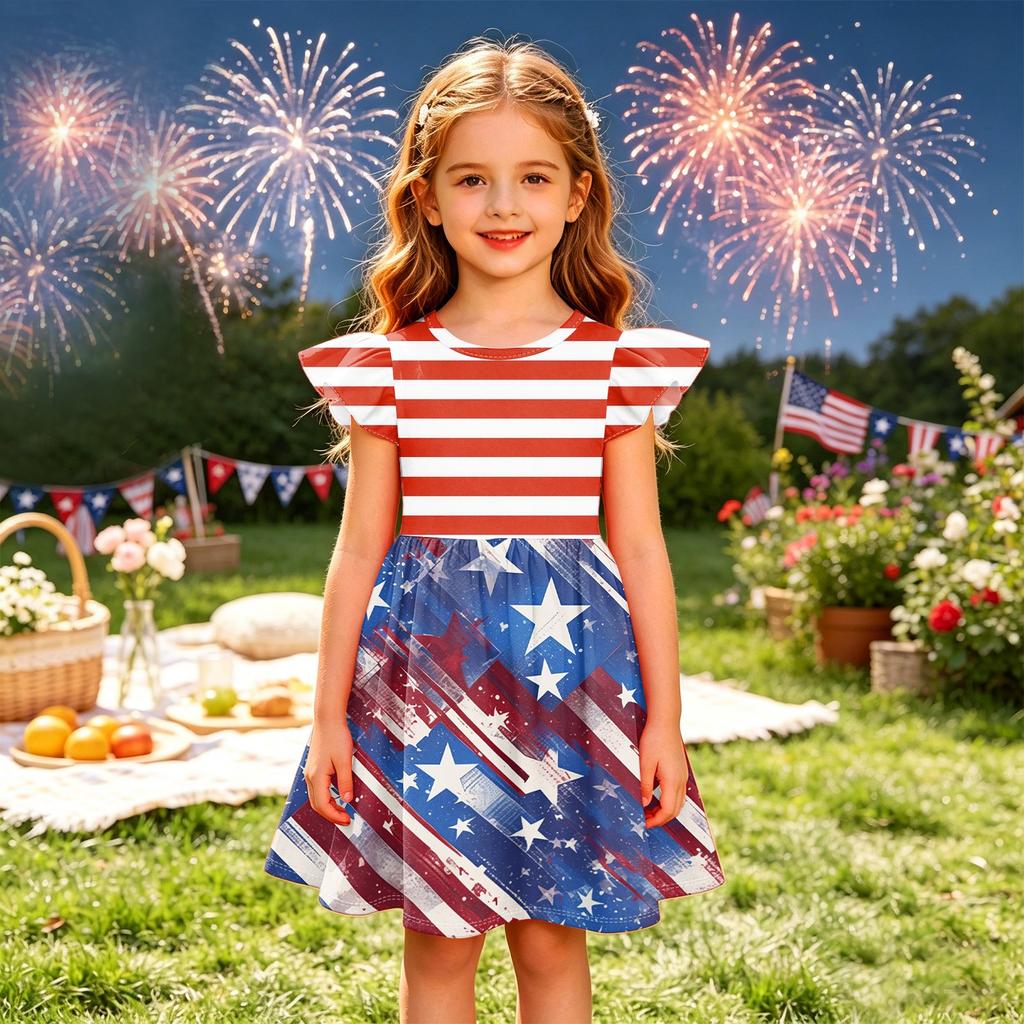 Girls' Summer Princess Dress - A-Line T-Shirt Dress Independence Day