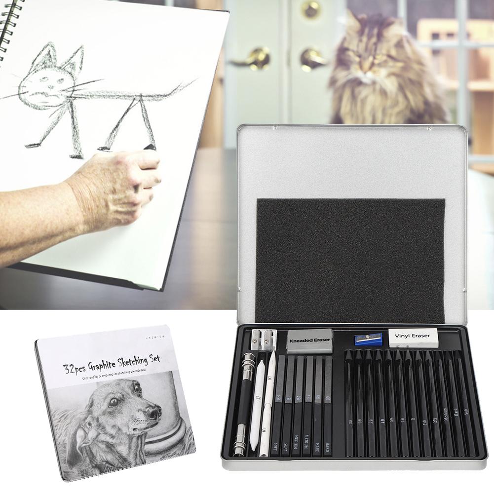 32Pcs Sketch Pencil Set Beginner Painting Tool Art Supplies with Iron Storage BoxBlack No.1