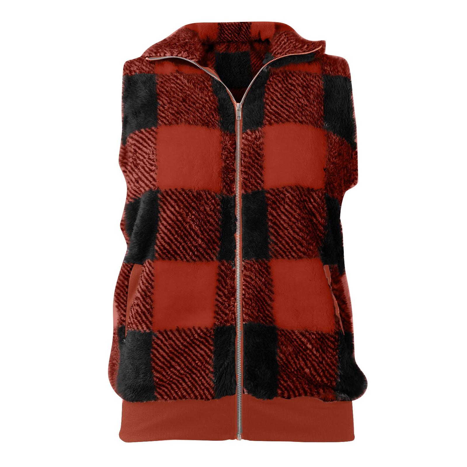 

Женский повседневный модный жилет без рукавов с воротником-стойкой на молнии в клетку плюшевый жилет M винный