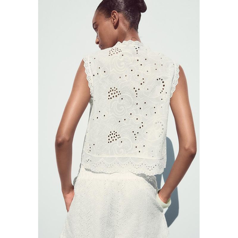 Summer Women's Clothing French Style Design Single-Breasted Cut Out Embroidered Crew Neck Sleeveless Casual Tops 4387031