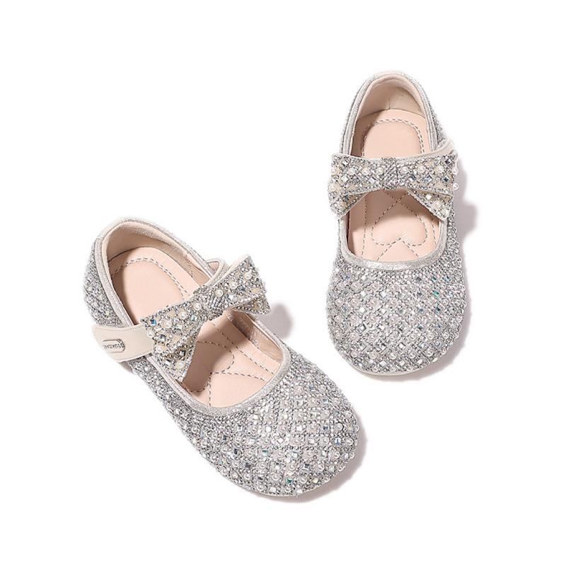 Girls Sparkle Rhinestone Bow Mary Jane Shoes Velcro Strap Elegant Party Flat Shoes 23 белый