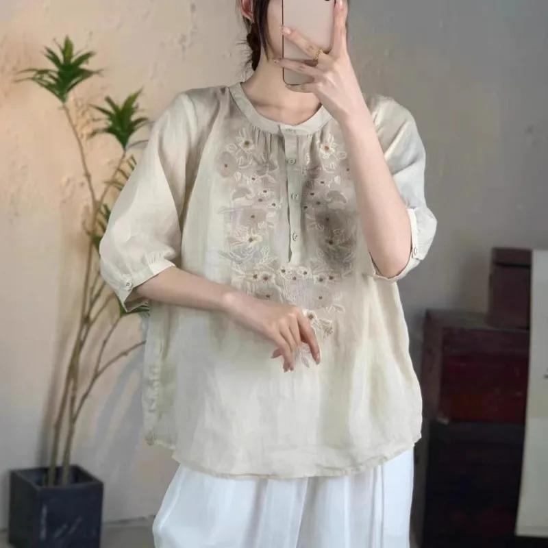 

Johnature Women Vintage Embroidery Floral Shirts Half Sleeve O-Neck Tops Button Solid Color Blouses Summer Shirts One Size бежевый