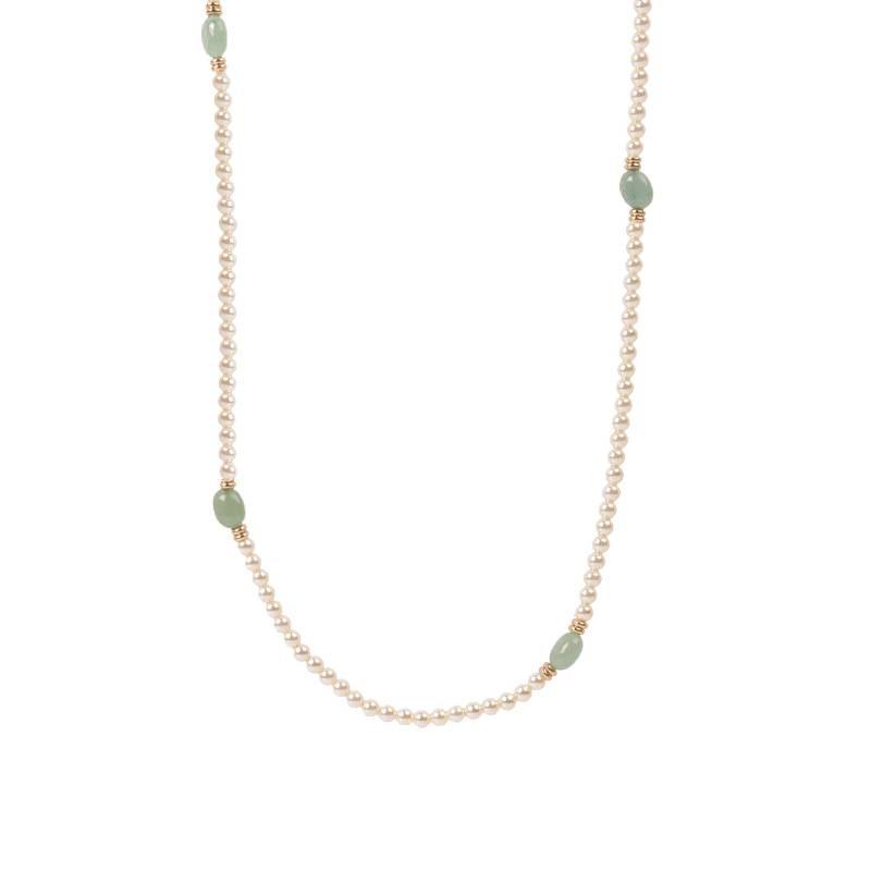 Small glass pearl green aventurine necklace, a niche and fashionable beaded clavicle chain, extended length99cm Women's sweater chain