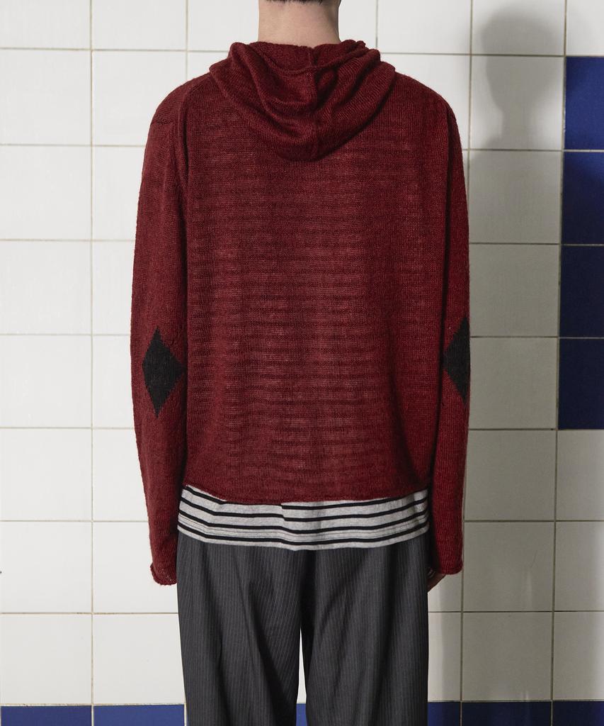 Unalloyed Argyle Elbow Knit Zip-Up Hoodie / Burgundy
