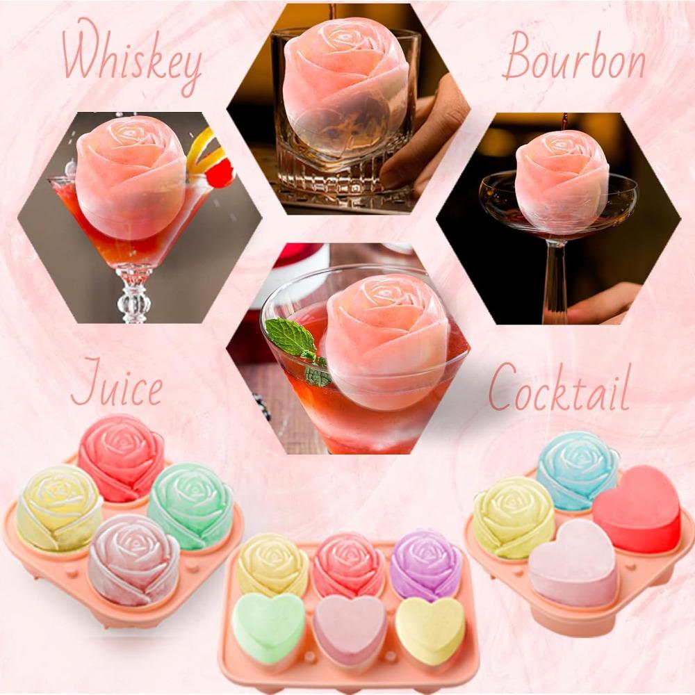 Silicone Rose Ice Cube Mold 3D Flower Shape Ice Cube Tray with Lid Ice Ball Maker for Cocktails Juice Whiskey Kitchen Gadget