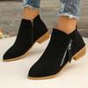 Women's Shoes, Women's Boots, Suede, Round Toe, Side Zipper, Thick Heel, Leather Boots, Women's Short Boots