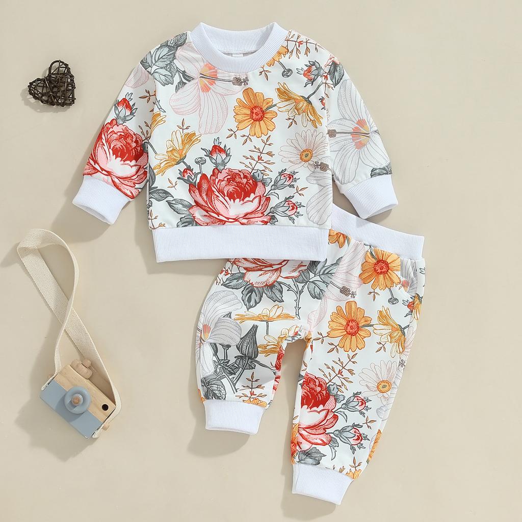 Toddler Girls Fall Outfits Floral Print Long Sleeve Sweatshirt and Elastic Sweatpants Set Baby Cute 2 Piece Clothes