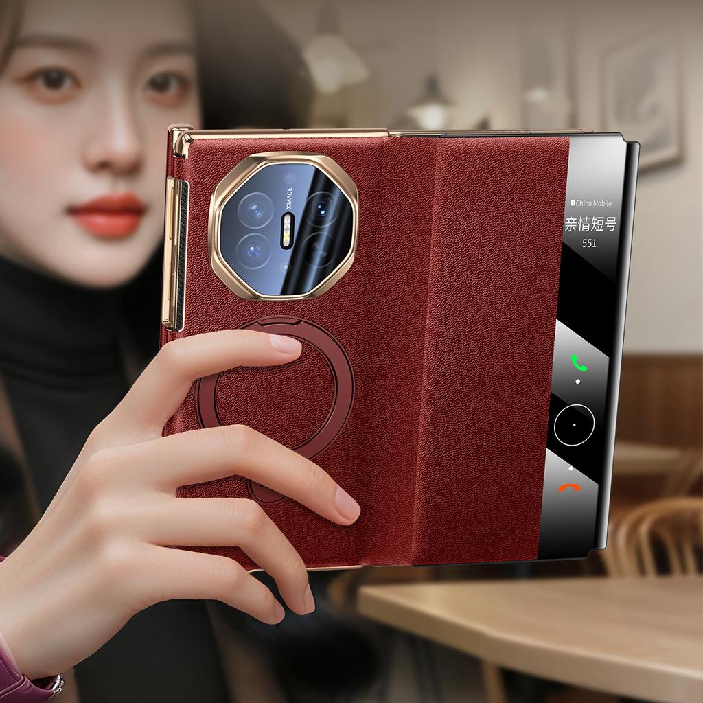 Top Grain Genuine Leather Case For Huawei Mate XT XTs Ulitimate Magsafe Lens Protector Hinge Protection Bracket Plated Cover