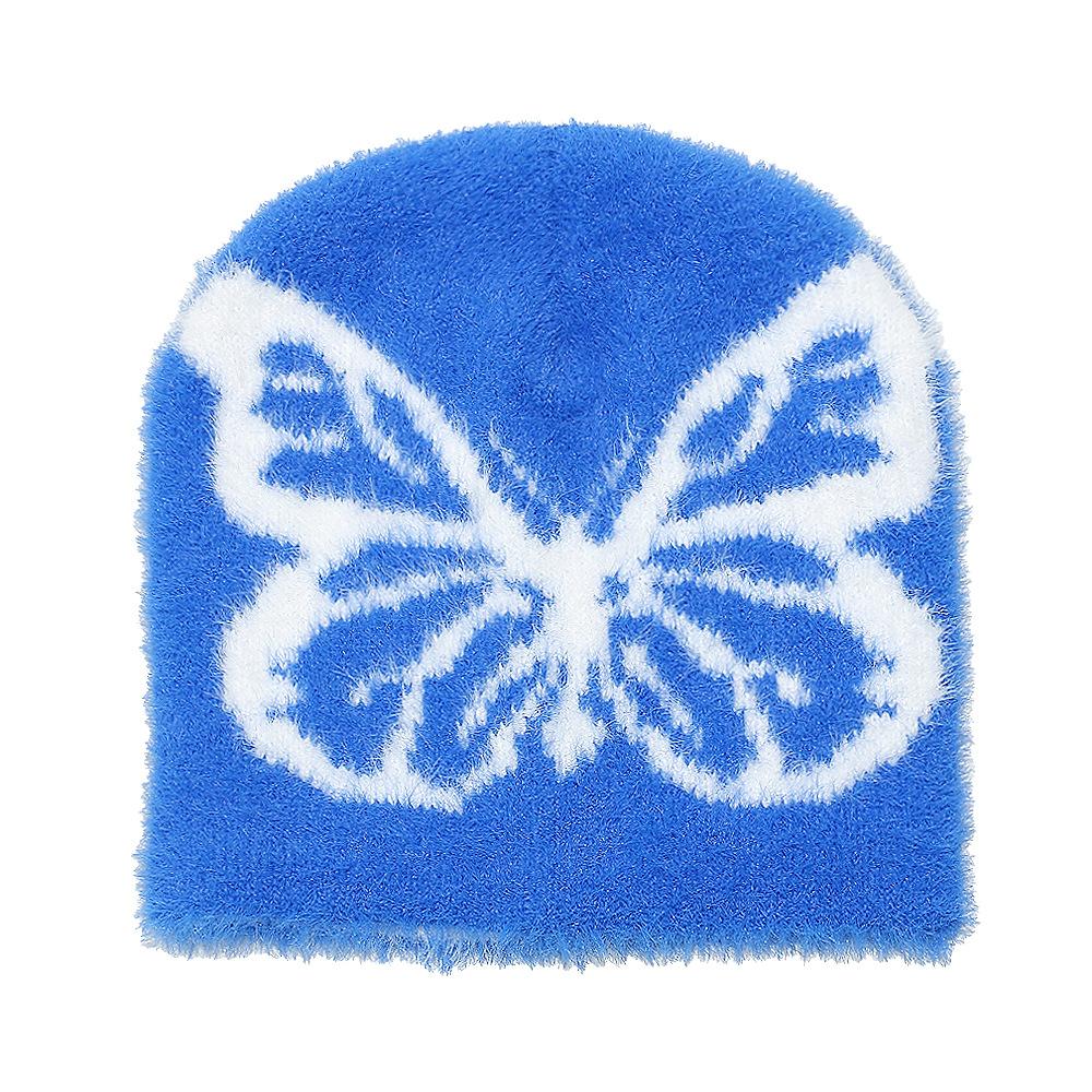 Herbst und Winter Damen Strickwollmütze kältebeständig und warm Skimütze Schmetterlingsjacquard Imitation Nerzfell Pullovermütze Damen